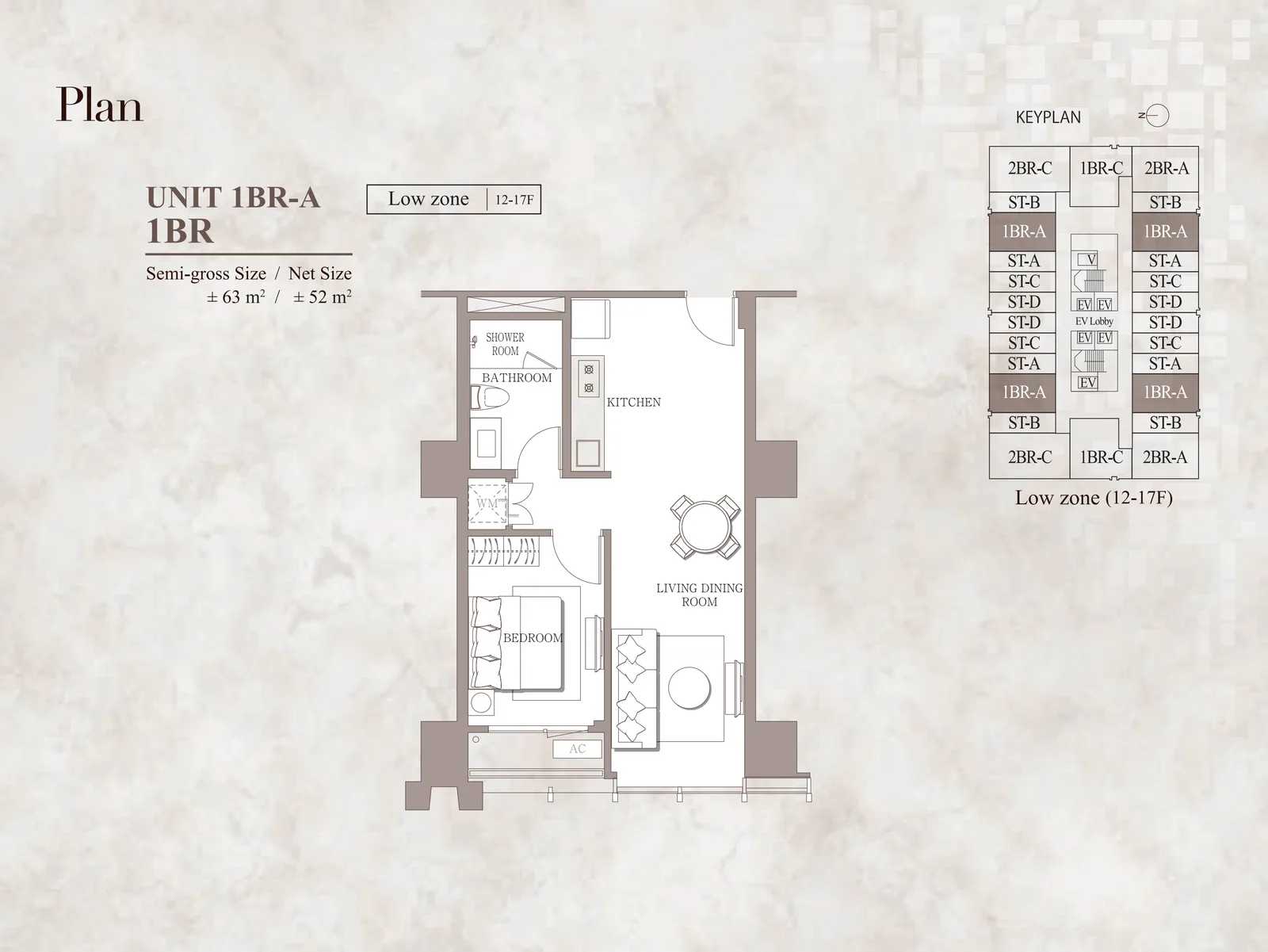 Branz Mega Kuningan 1BR-A unit layout floor plan 63 sqm
