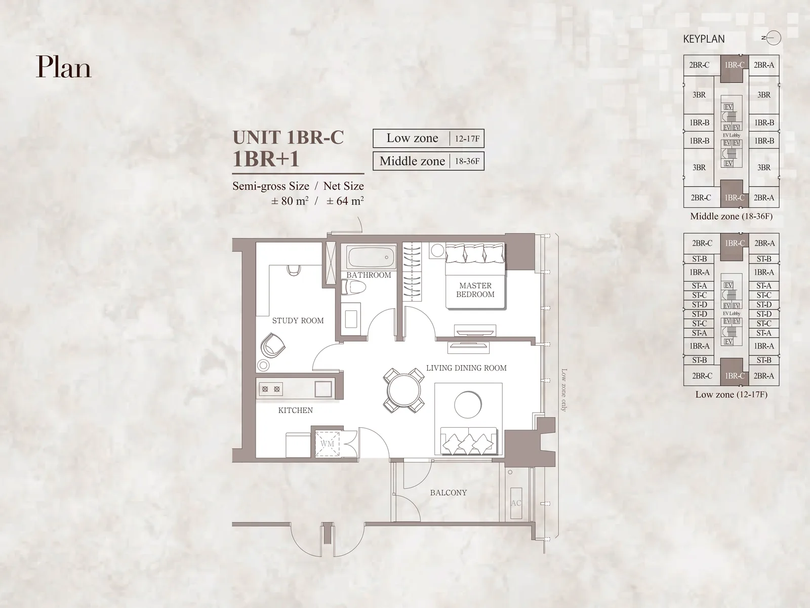 Branz Mega Kuningan 1BR-C 1BR+1 unit layout floor plan 80 sqm study room balcony