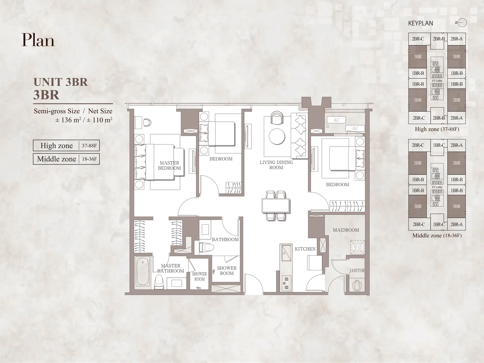 Branz Mega Kuningan 3BR unit layout floor plan 136 sqm