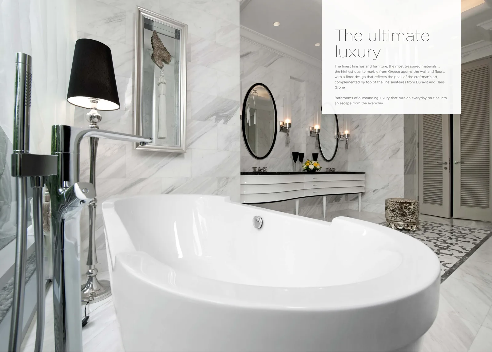 Kamar mandi mewah Raffles Residences Jakarta — Greek marble, Duravit, Hansgrohe fixtures