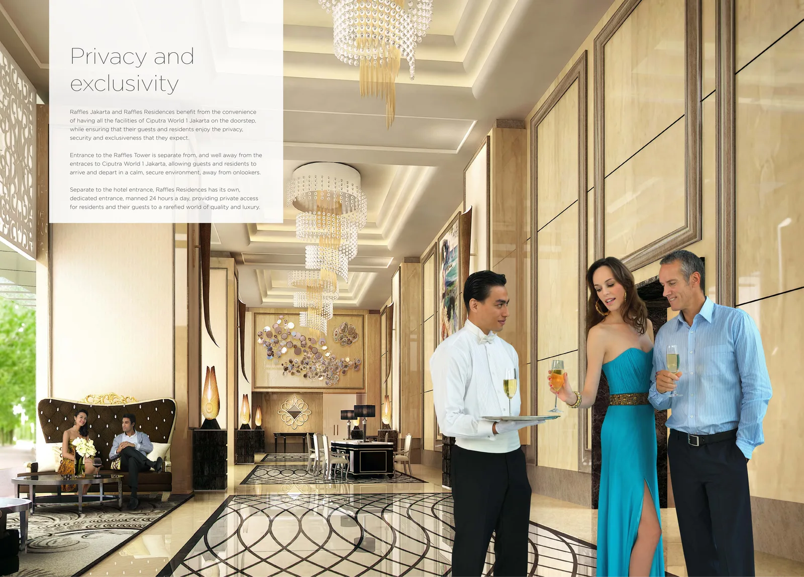 Lobby eksklusif Raffles Residences Jakarta dengan chandelier dan desain interior HBA