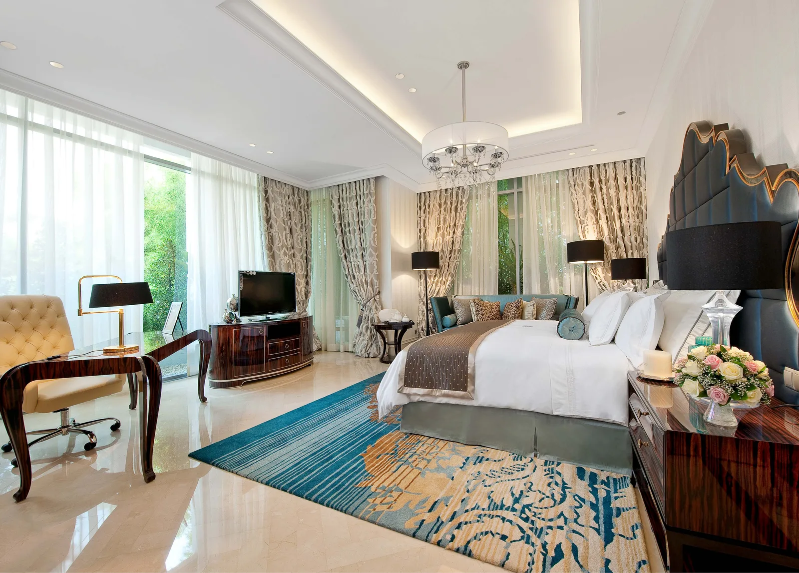 Master bedroom Raffles Residences Jakarta — Italian marble floor, Daikin AC, teal accent