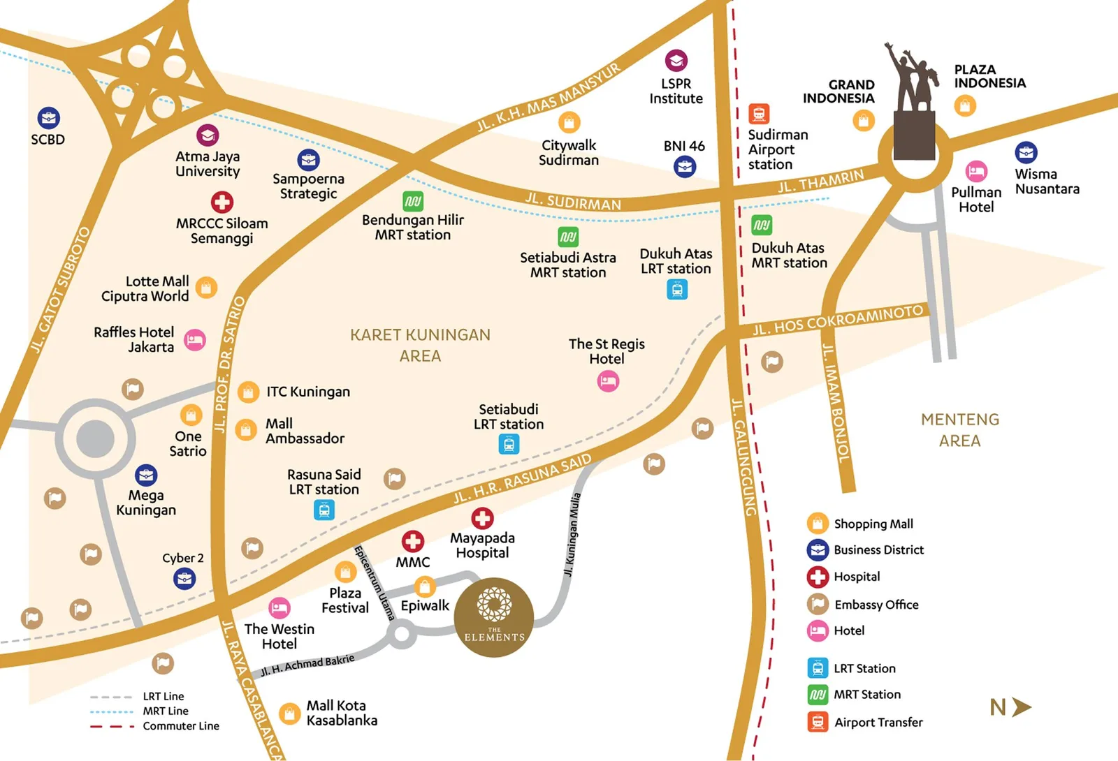 Peta lokasi The Elements Kuningan di Epicentrum Rasuna Said Jakarta Selatan dekat LRT MRT Epiwalk